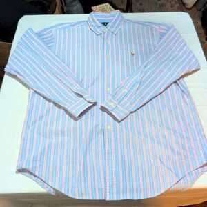 Polo Ralph Lauren Oxford Custom Fit Mens L Brown Pony Preppy Classic Pink Stripe